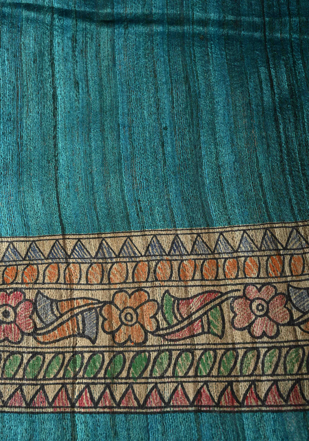 Teal Madhubani hand painting on Neelam Katha Ghicha Silk Saree | SILK MARK CERTIFIED