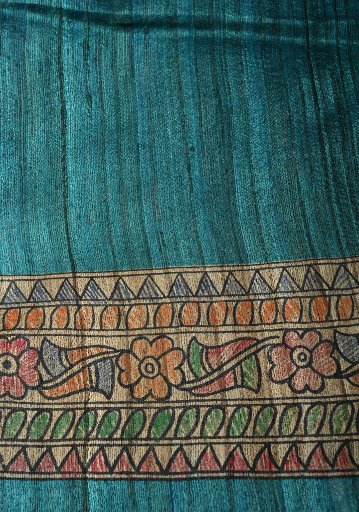 Teal Madhubani hand painting on Neelam Katha Ghicha Silk Saree | SILK MARK CERTIFIED