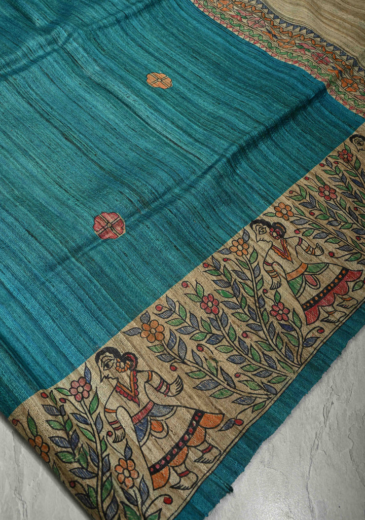 Teal Madhubani hand painting on Neelam Katha Ghicha Silk Saree | SILK MARK CERTIFIED