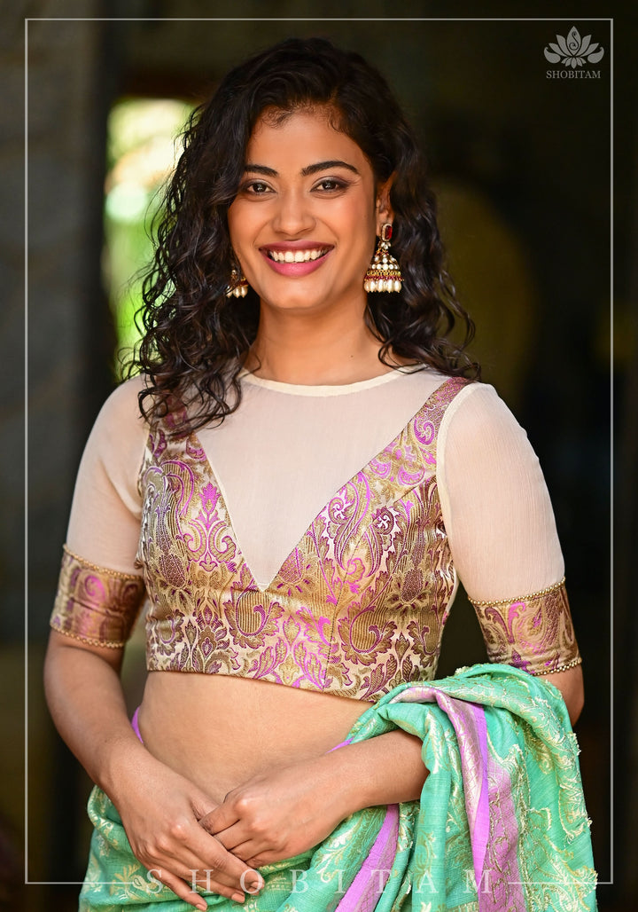 Purple Banarasi Blouse with sheer yoke, back and sleeves in beige net