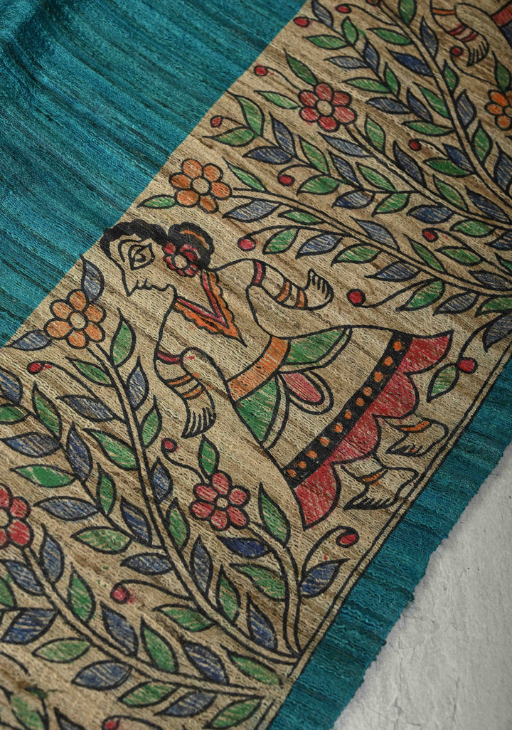 Teal Madhubani hand painting on Neelam Katha Ghicha Silk Saree | SILK MARK CERTIFIED