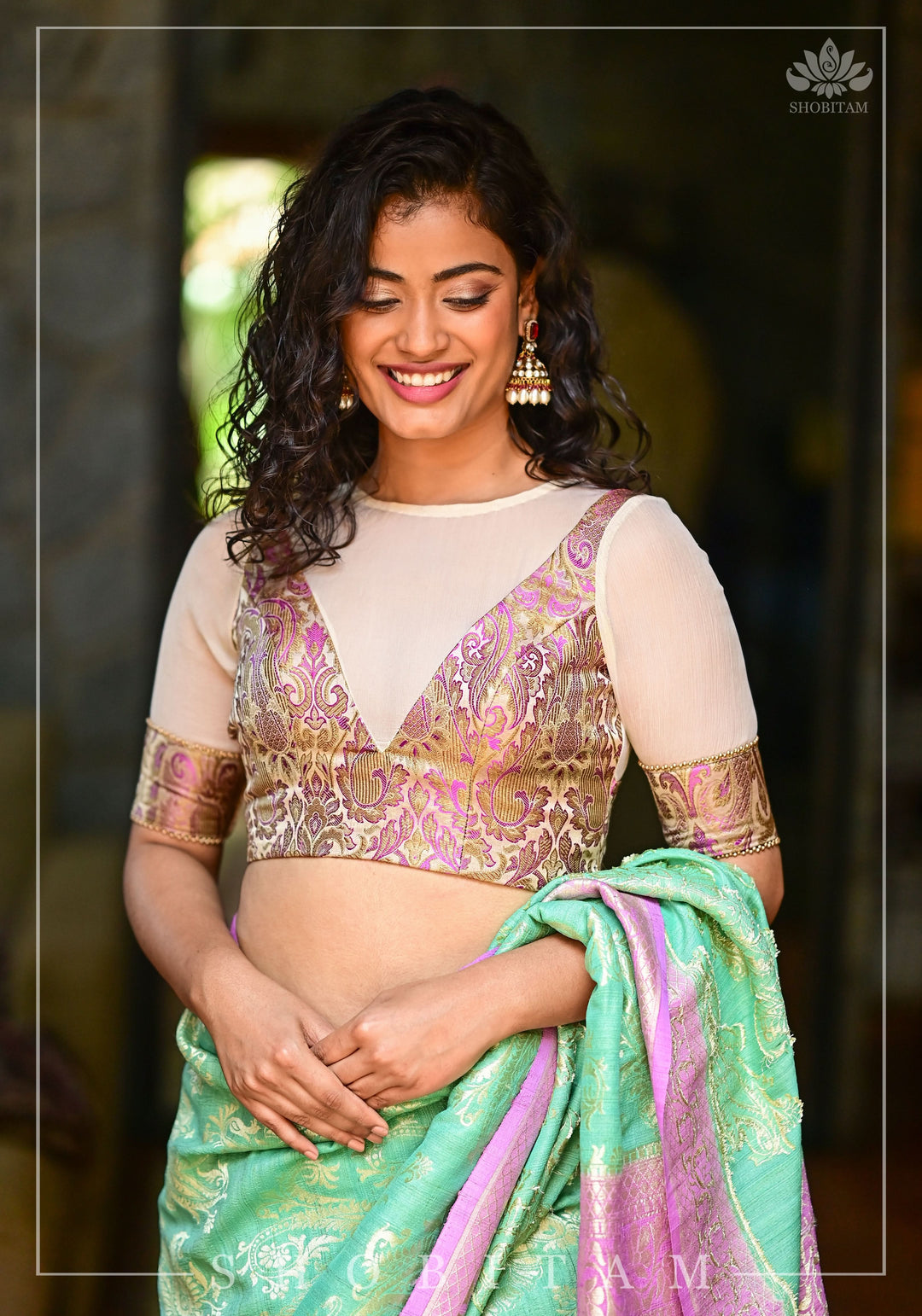 Purple Banarasi Blouse with sheer yoke, back and sleeves in beige net