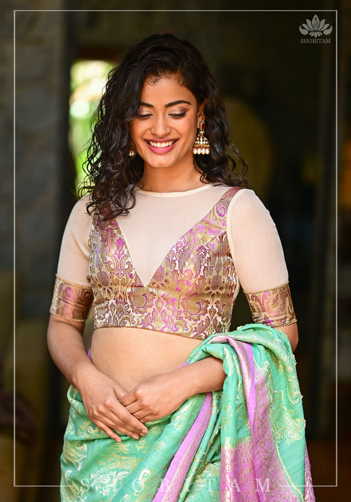 Purple Banarasi Blouse with sheer yoke, back and sleeves in beige net