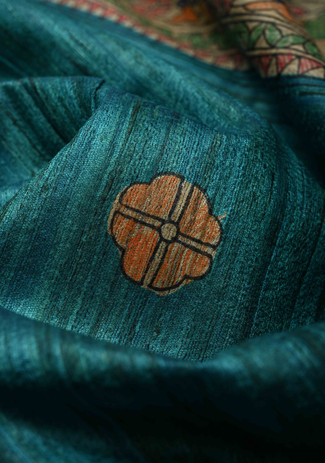 Teal Madhubani hand painting on Neelam Katha Ghicha Silk Saree | SILK MARK CERTIFIED