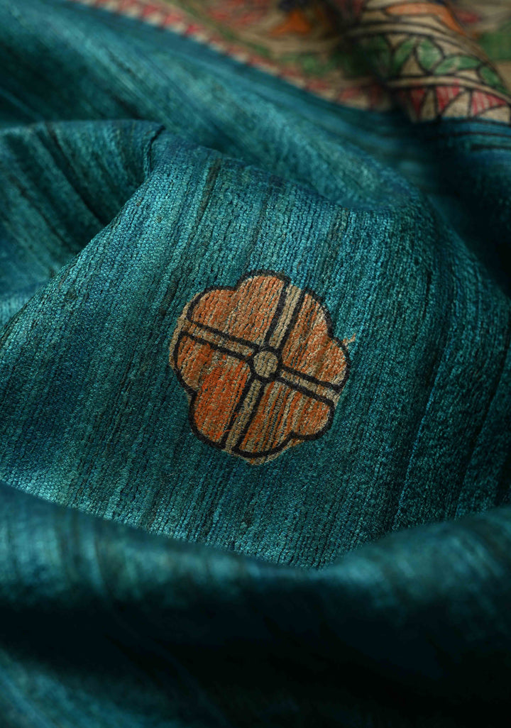 Teal Madhubani hand painting on Neelam Katha Ghicha Silk Saree | SILK MARK CERTIFIED