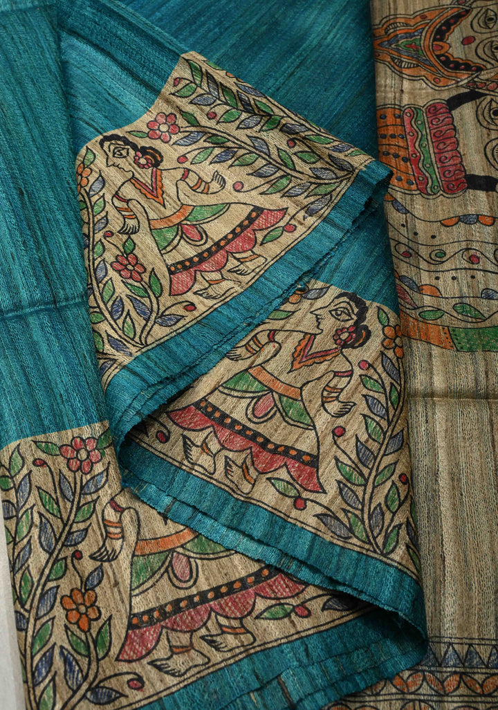 Teal Madhubani hand painting on Neelam Katha Ghicha Silk Saree | SILK MARK CERTIFIED