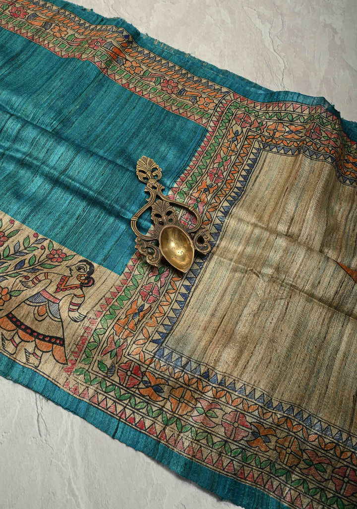 Teal Madhubani hand painting on Neelam Katha Ghicha Silk Saree | SILK MARK CERTIFIED