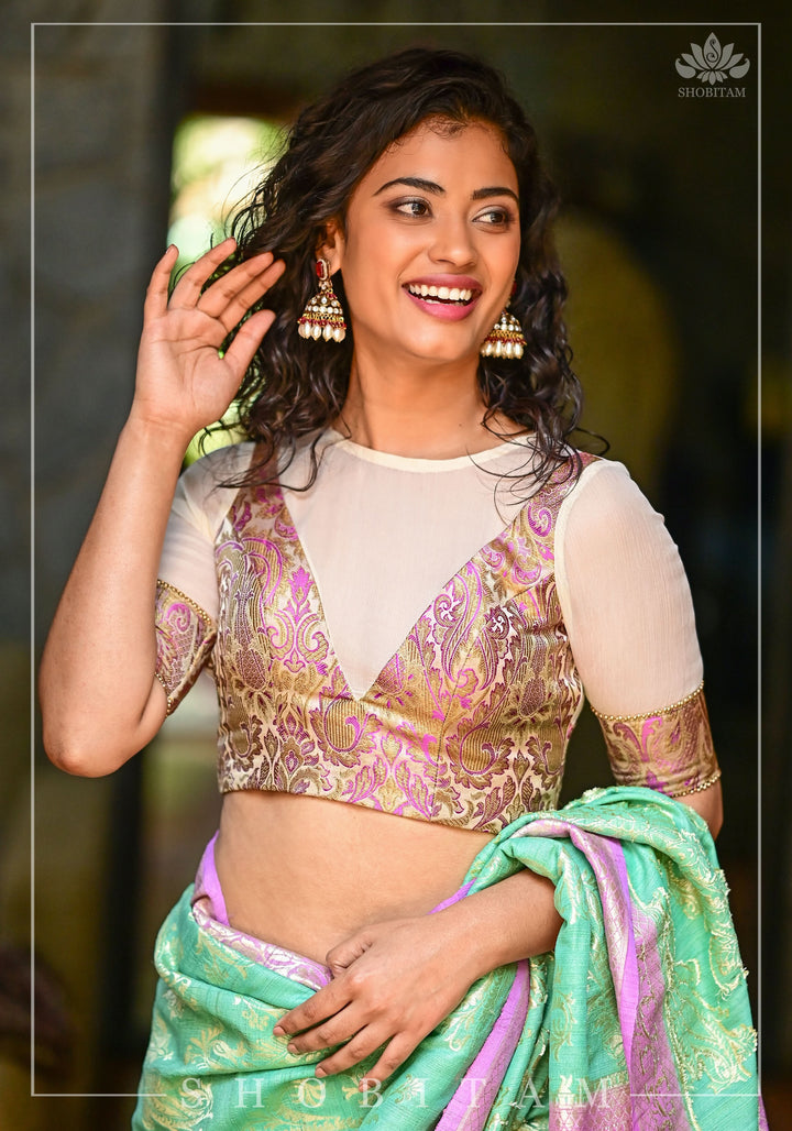 Purple Banarasi Blouse with sheer yoke, back and sleeves in beige net