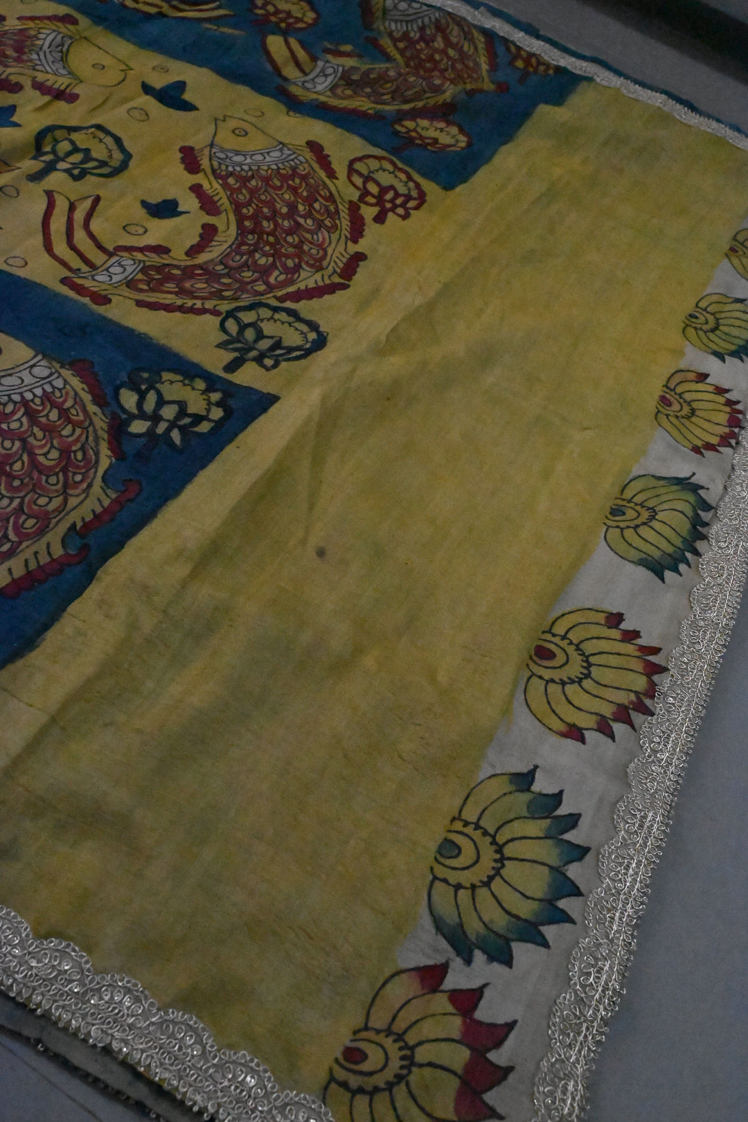 Fish Design Theme : Grayish Blue-Light Yellow Authentic Pen Kalamkari Handpainted on Pure Banarasi Tussar Silk Saree with Lace Borders | SILK MARK CERTIFIED | SHOBITAM