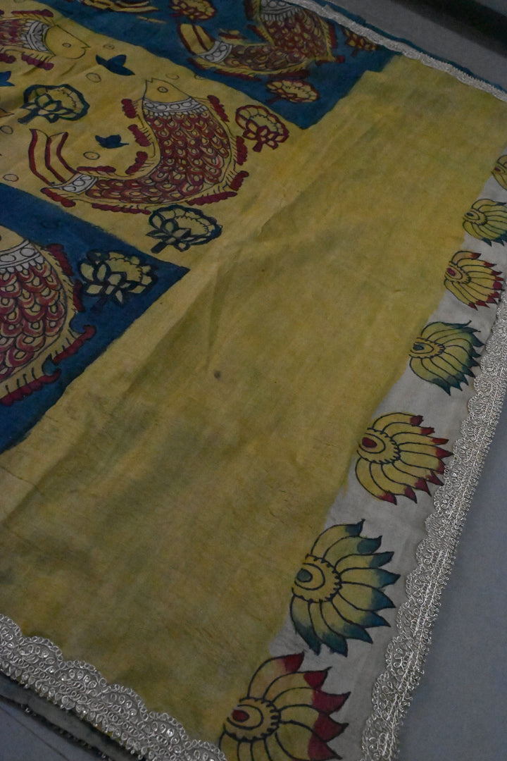 Fish Design Theme : Grayish Blue-Light Yellow Authentic Pen Kalamkari Handpainted on Pure Banarasi Tussar Silk Saree with Lace Borders | SILK MARK CERTIFIED | SHOBITAM