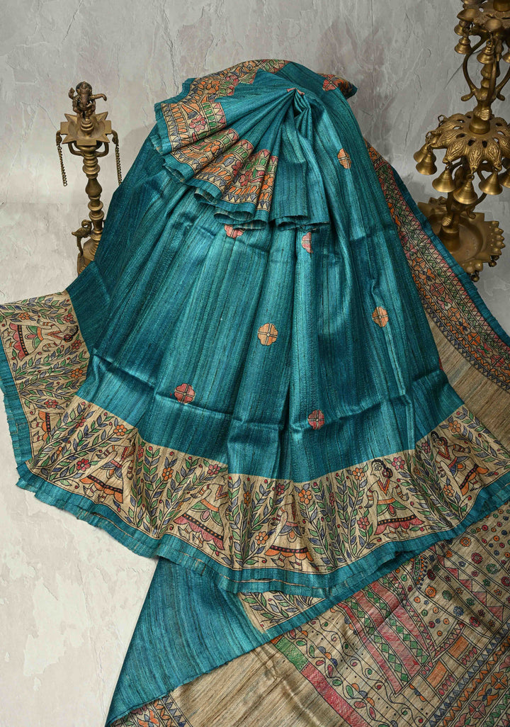 Teal Madhubani hand painting on Neelam Katha Ghicha Silk Saree | SILK MARK CERTIFIED