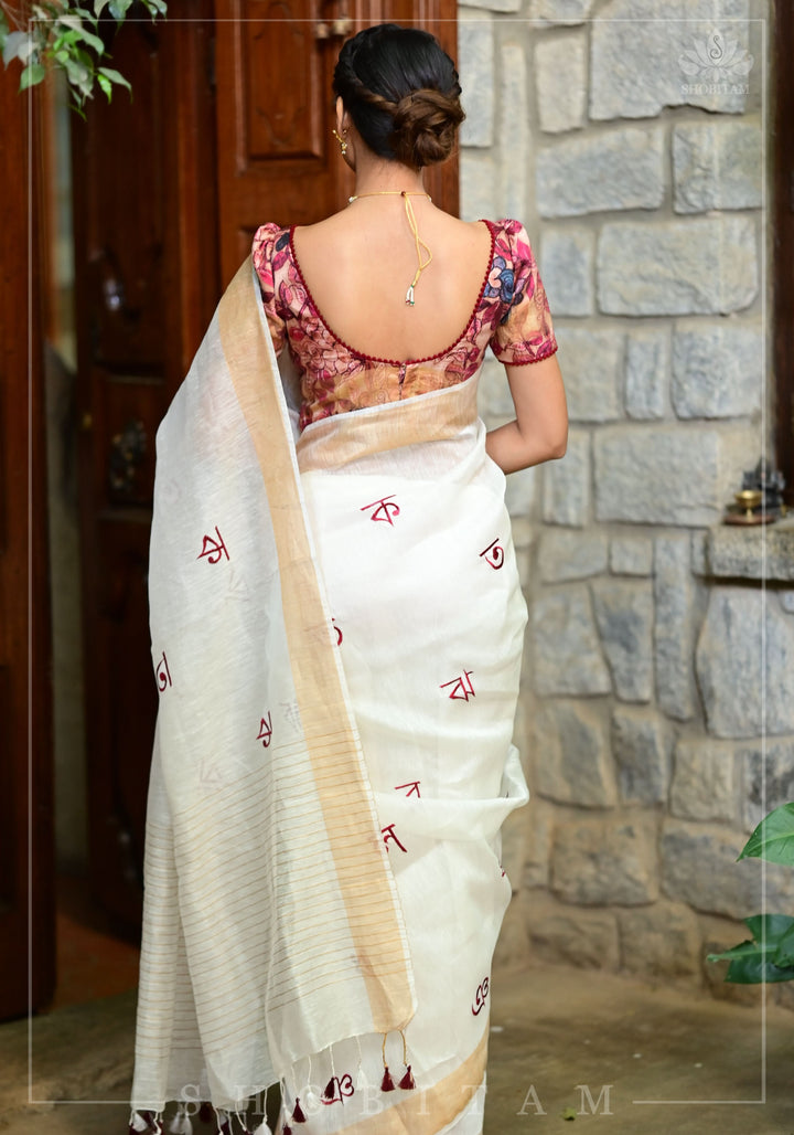 Bangla Alphabets embroidered Silk Linen Saree
