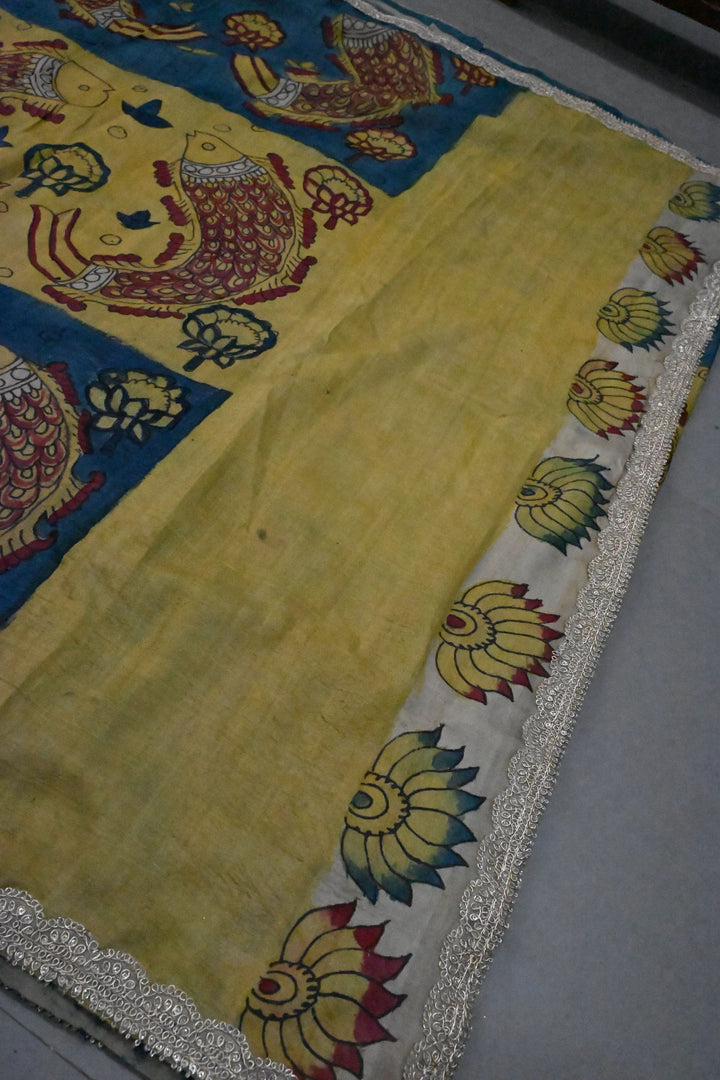 Fish Design Theme : Grayish Blue-Light Yellow Authentic Pen Kalamkari Handpainted on Pure Banarasi Tussar Silk Saree with Lace Borders | SILK MARK CERTIFIED | SHOBITAM