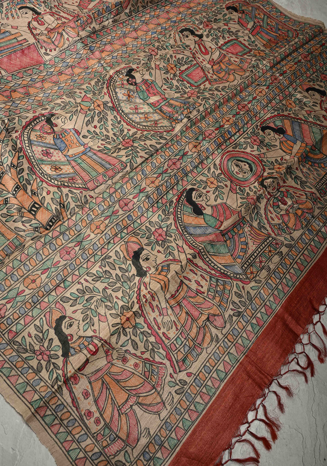 Brick Red Madhurima Madhubani hand painting on Tussar Silk Saree | SILK MARK CERTIFIED