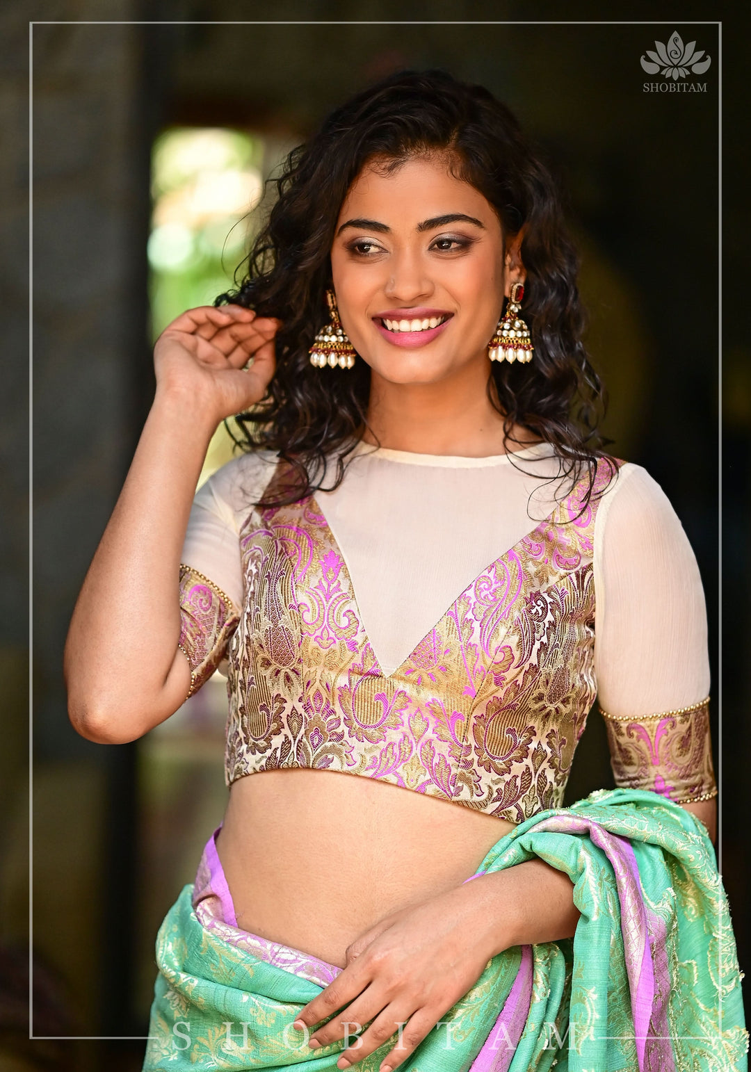 Purple Banarasi Blouse with sheer yoke, back and sleeves in beige net