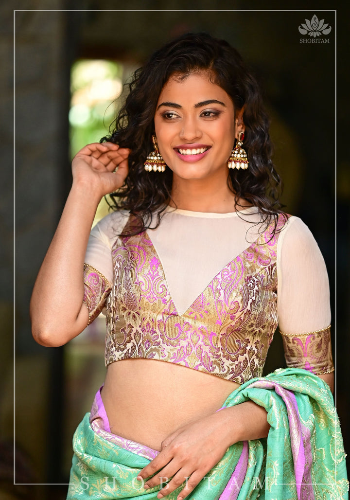 Purple Banarasi Blouse with sheer yoke, back and sleeves in beige net