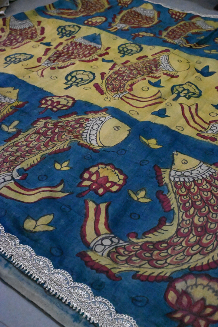 Fish Design Theme : Grayish Blue-Light Yellow Authentic Pen Kalamkari Handpainted on Pure Banarasi Tussar Silk Saree with Lace Borders | SILK MARK CERTIFIED | SHOBITAM