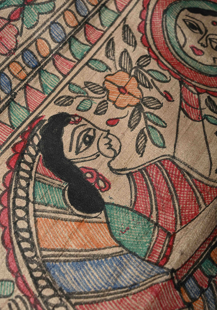 Brick Red Madhurima Madhubani hand painting on Tussar Silk Saree | SILK MARK CERTIFIED