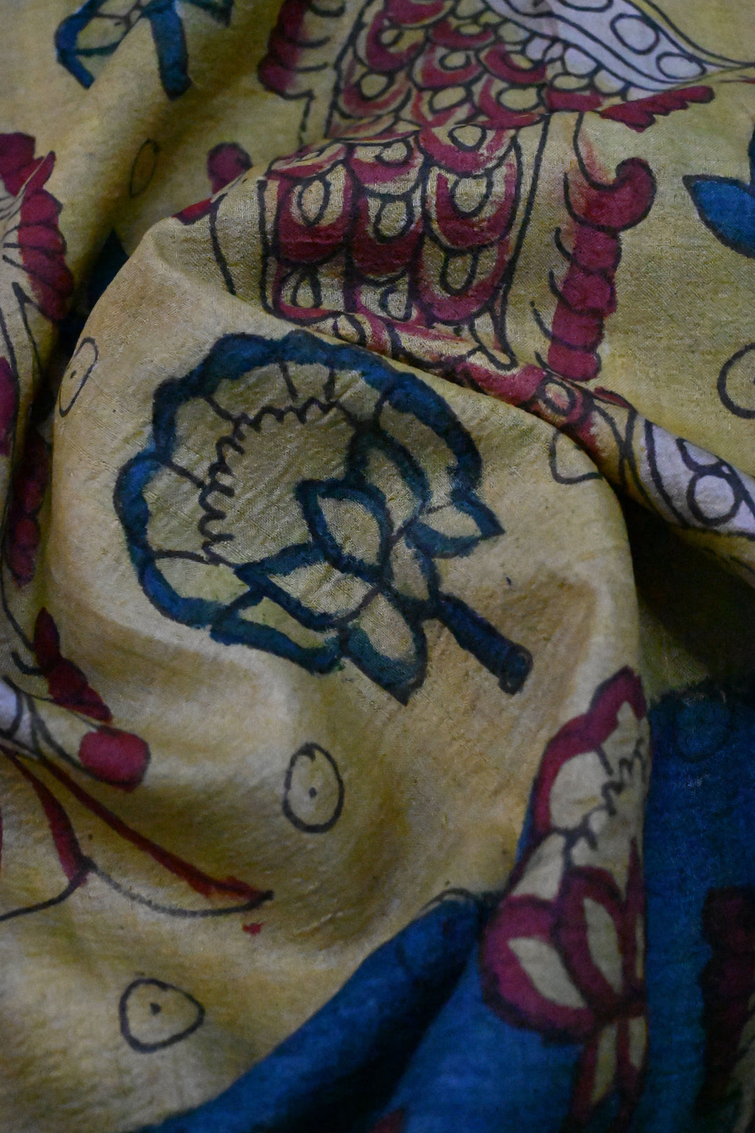 Fish Design Theme : Grayish Blue-Light Yellow Authentic Pen Kalamkari Handpainted on Pure Banarasi Tussar Silk Saree with Lace Borders | SILK MARK CERTIFIED | SHOBITAM