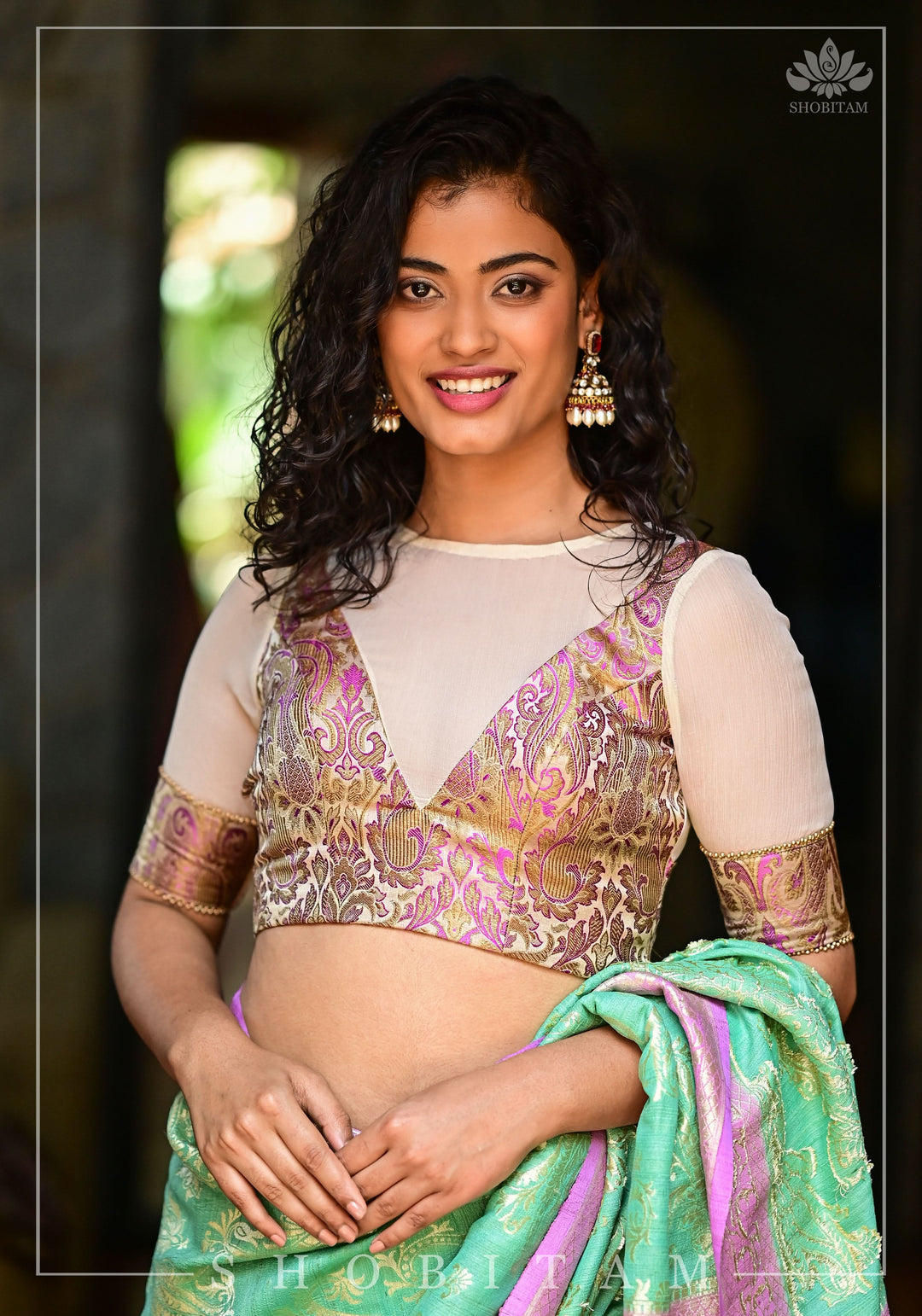 Purple Banarasi Blouse with sheer yoke, back and sleeves in beige net