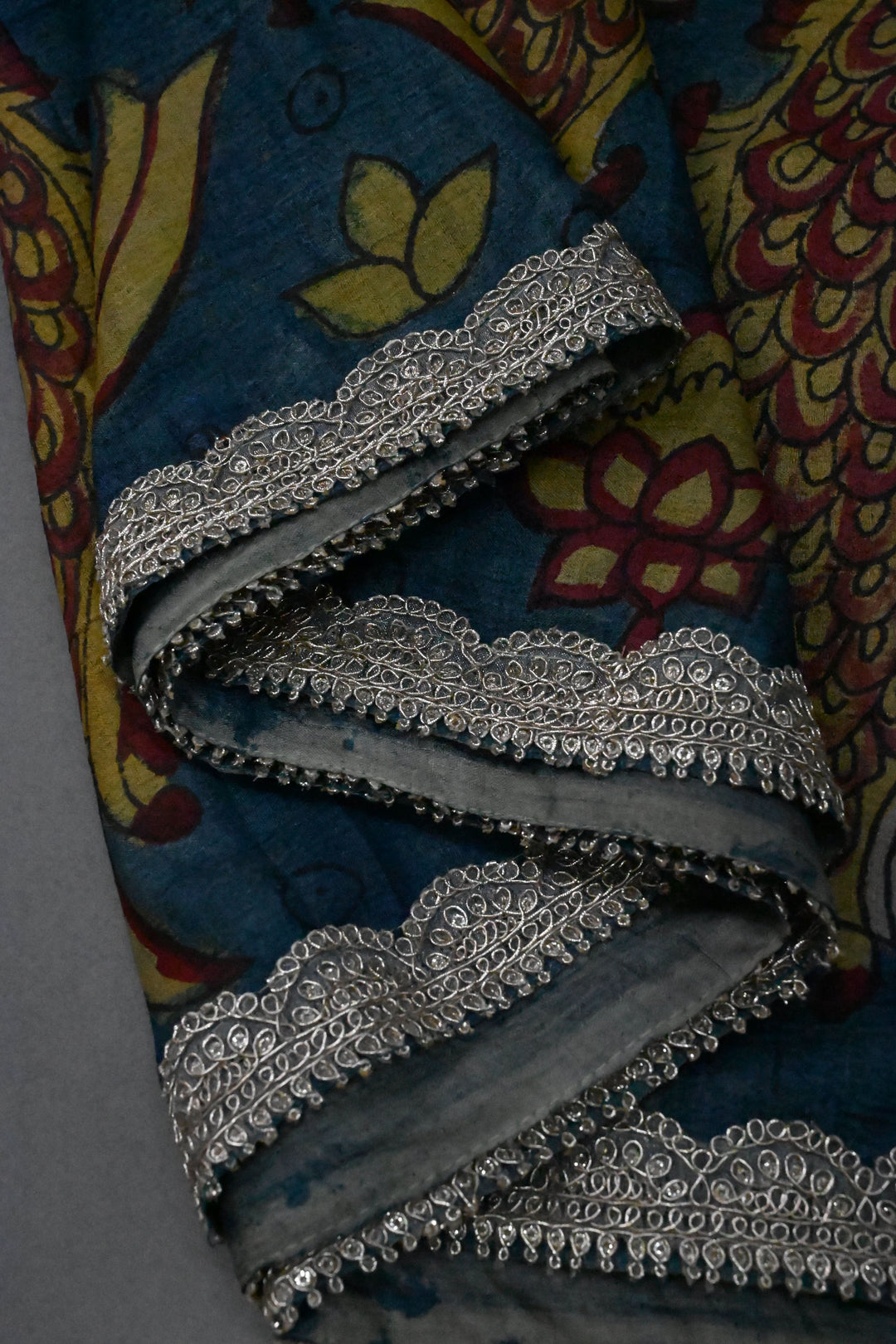 Fish Design Theme : Grayish Blue-Light Yellow Authentic Pen Kalamkari Handpainted on Pure Banarasi Tussar Silk Saree with Lace Borders | SILK MARK CERTIFIED | SHOBITAM