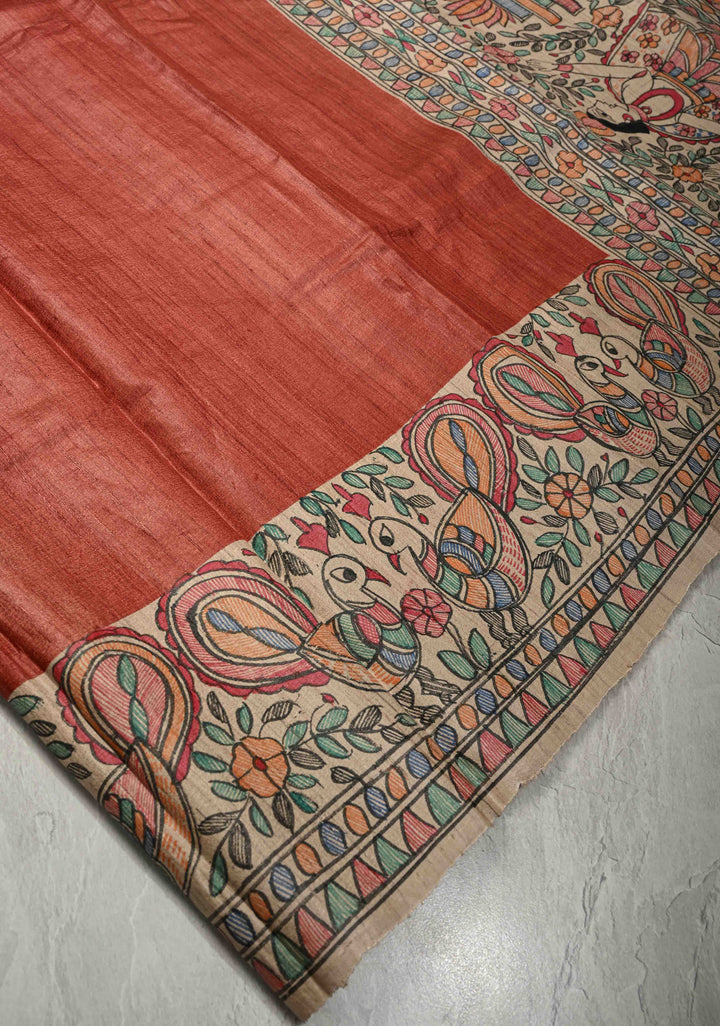 Brick Red Madhurima Madhubani hand painting on Tussar Silk Saree | SILK MARK CERTIFIED