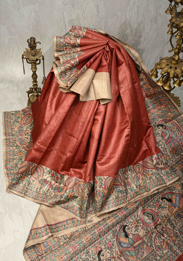 Brick Red Madhurima Madhubani hand painting on Tussar Silk Saree | SILK MARK CERTIFIED