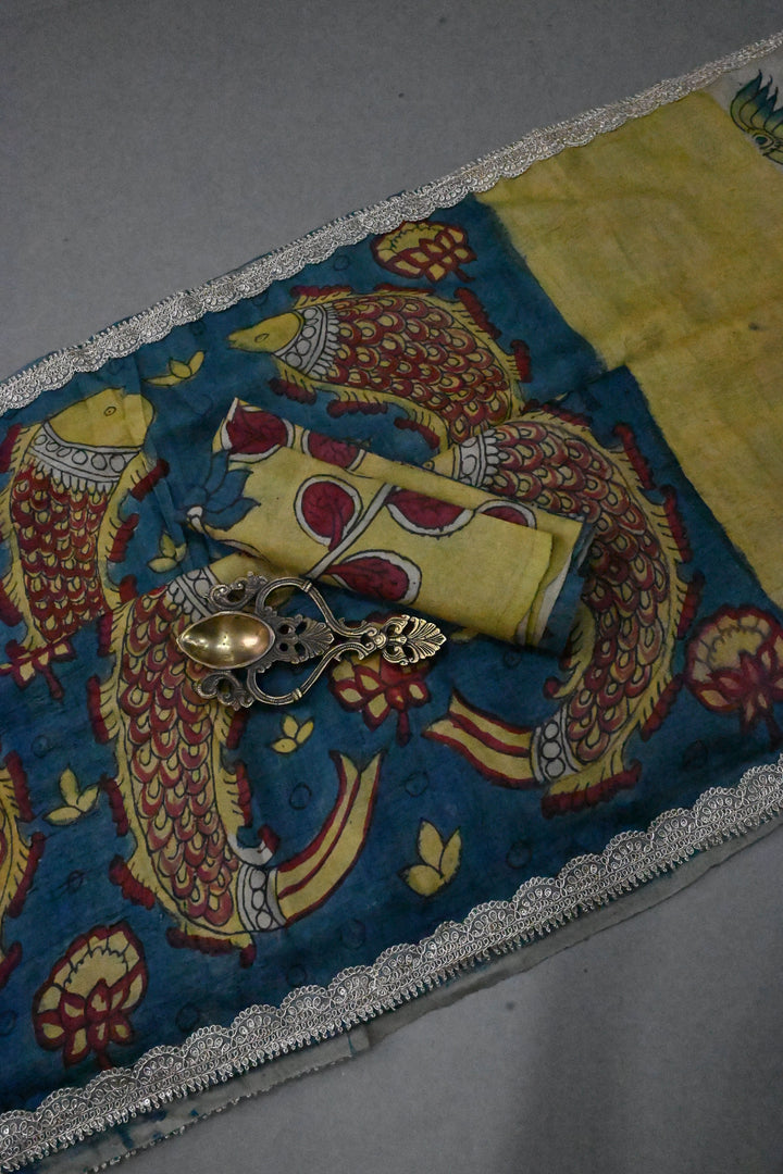 Fish Design Theme : Grayish Blue-Light Yellow Authentic Pen Kalamkari Handpainted on Pure Banarasi Tussar Silk Saree with Lace Borders | SILK MARK CERTIFIED | SHOBITAM