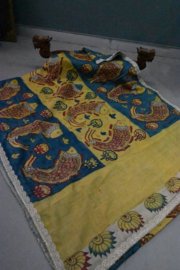 Fish Design Theme : Grayish Blue-Light Yellow Authentic Pen Kalamkari Handpainted on Pure Banarasi Tussar Silk Saree with Lace Borders | SILK MARK CERTIFIED | SHOBITAM