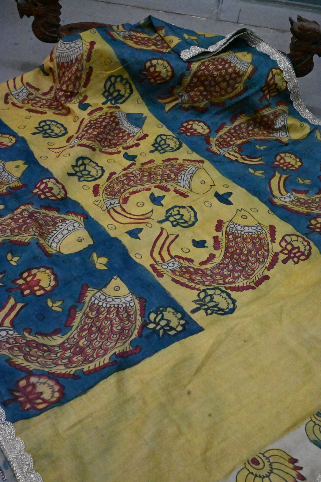 Fish Design Theme : Grayish Blue-Light Yellow Authentic Pen Kalamkari Handpainted on Pure Banarasi Tussar Silk Saree with Lace Borders | SILK MARK CERTIFIED | SHOBITAM