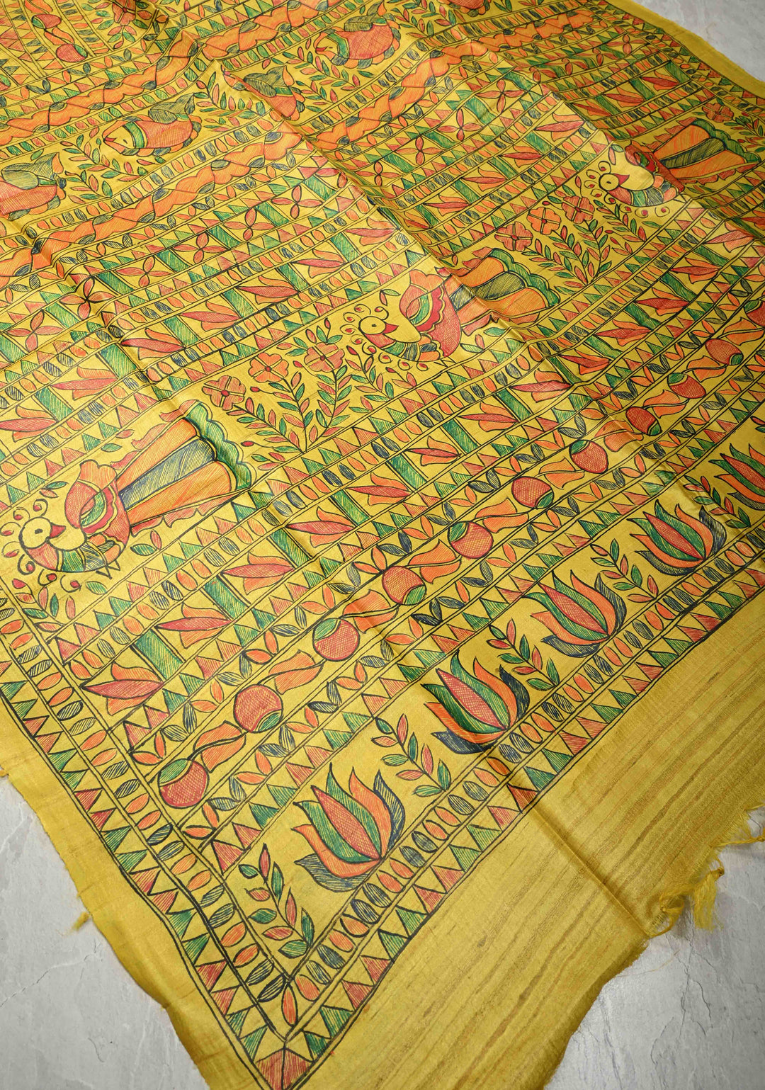 Bright Yellow Madhubani hand painting on Kanak Pushp Tussar Silk Saree | SILK MARK CERTIFIED