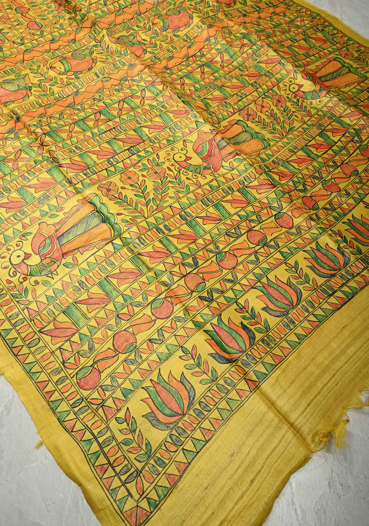 Bright Yellow Madhubani hand painting on Kanak Pushp Tussar Silk Saree | SILK MARK CERTIFIED