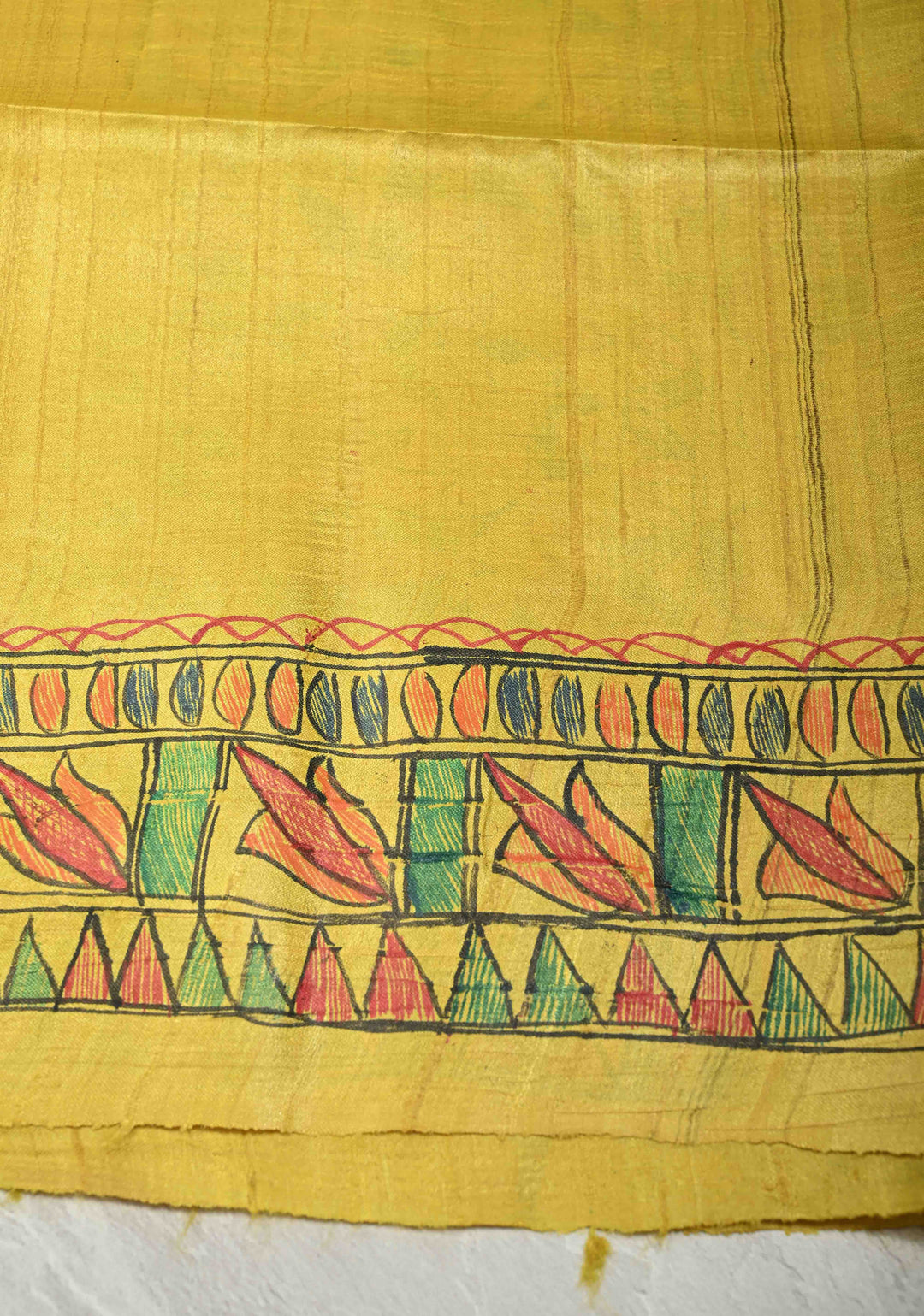 Bright Yellow Madhubani hand painting on Kanak Pushp Tussar Silk Saree | SILK MARK CERTIFIED