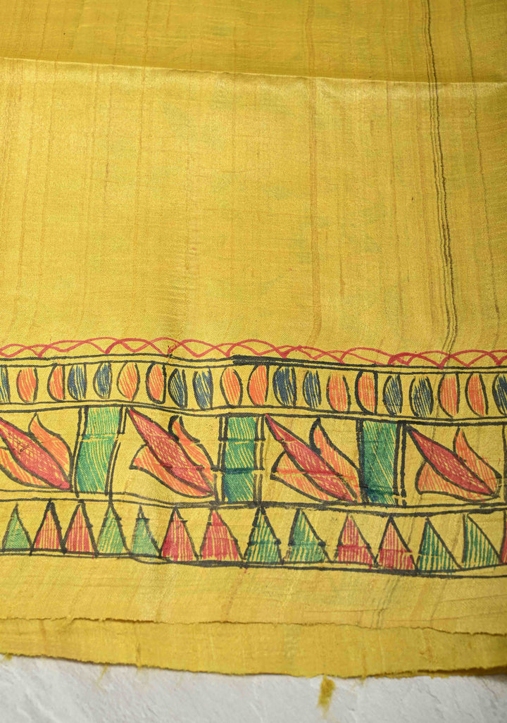 Bright Yellow Madhubani hand painting on Kanak Pushp Tussar Silk Saree | SILK MARK CERTIFIED