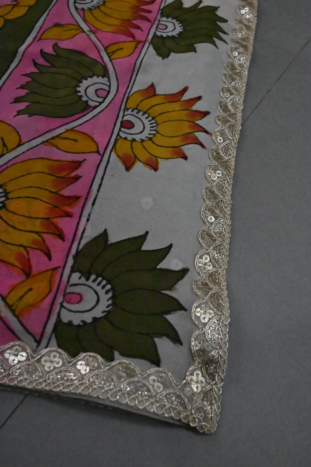 Floral Matsya theme - Ollive Green-Yellow Authentic Pen Kalamkari Handpainted on Pure Georgette Silk Saree With Lace Border | SILK MARK CERTIFIED | SHOBITAM