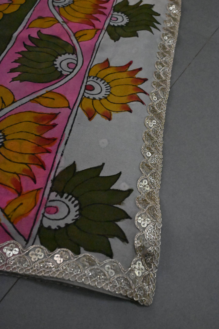 Floral Matsya theme - Ollive Green-Yellow Authentic Pen Kalamkari Handpainted on Pure Georgette Silk Saree With Lace Border | SILK MARK CERTIFIED | SHOBITAM