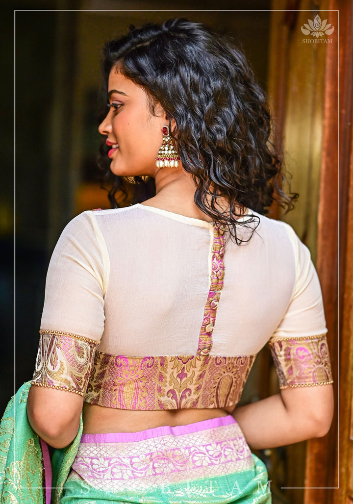 Purple Banarasi Blouse with sheer yoke, back and sleeves in beige net