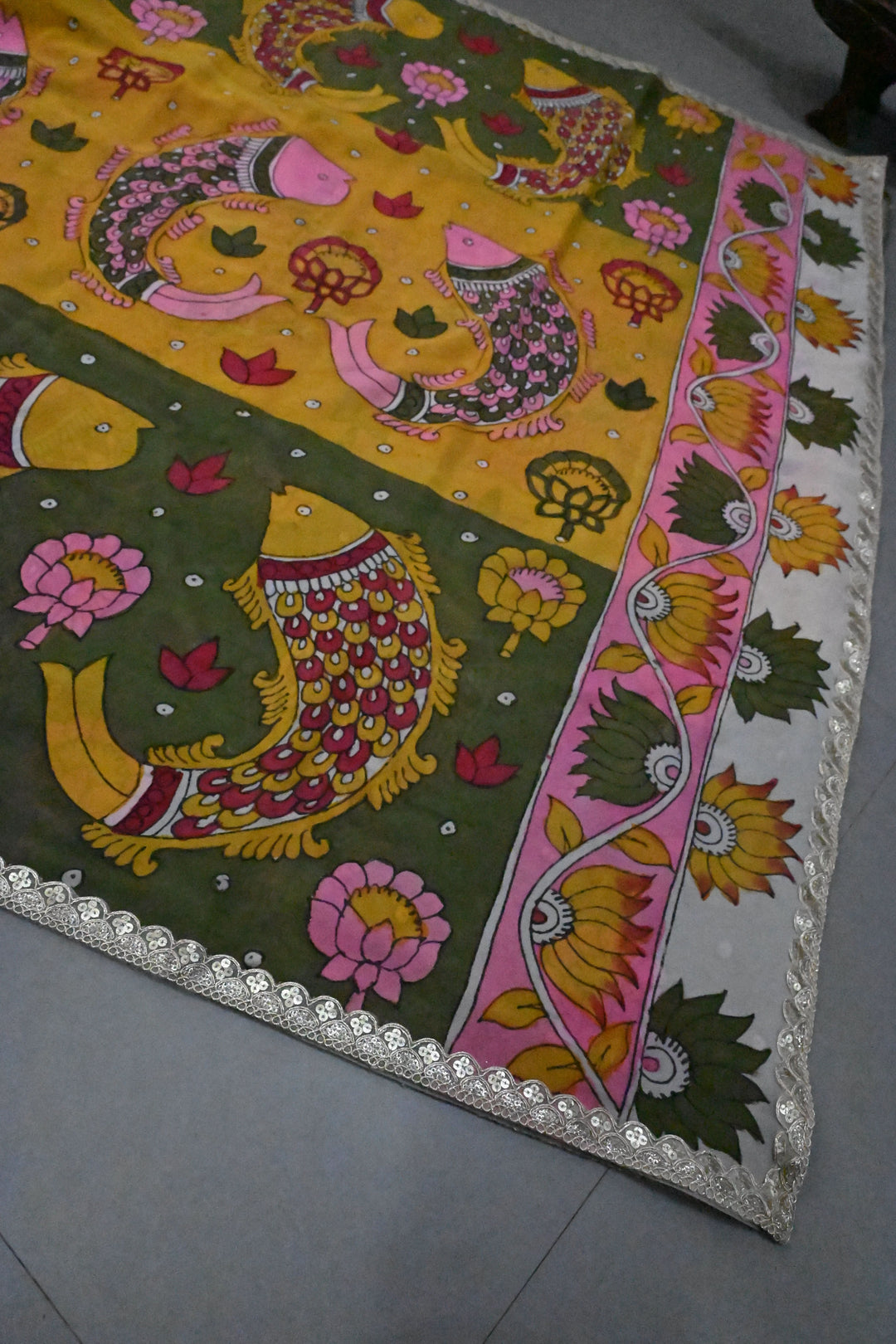 Floral Matsya theme - Ollive Green-Yellow Authentic Pen Kalamkari Handpainted on Pure Georgette Silk Saree With Lace Border | SILK MARK CERTIFIED | SHOBITAM