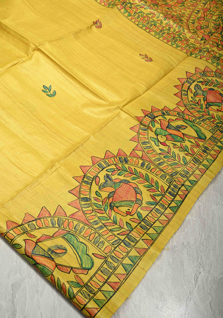Bright Yellow Madhubani hand painting on Kanak Pushp Tussar Silk Saree | SILK MARK CERTIFIED