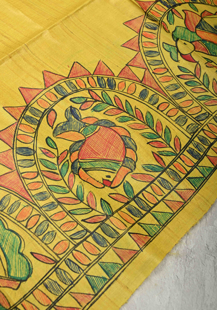 Bright Yellow Madhubani hand painting on Kanak Pushp Tussar Silk Saree | SILK MARK CERTIFIED