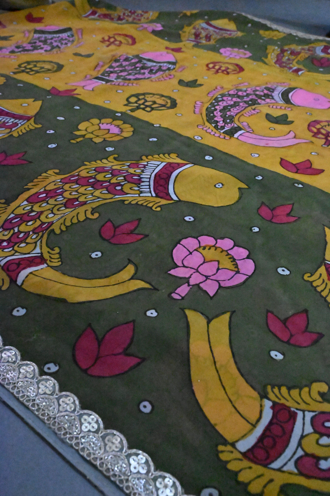 Floral Matsya theme - Ollive Green-Yellow Authentic Pen Kalamkari Handpainted on Pure Georgette Silk Saree With Lace Border | SILK MARK CERTIFIED | SHOBITAM