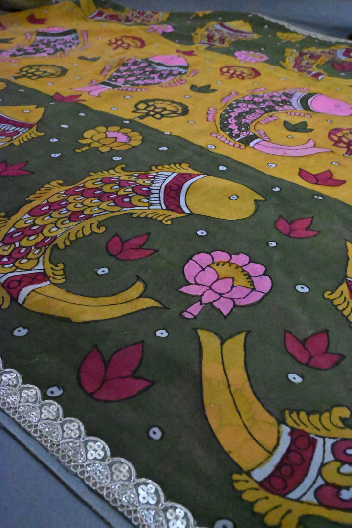 Floral Matsya theme - Ollive Green-Yellow Authentic Pen Kalamkari Handpainted on Pure Georgette Silk Saree With Lace Border | SILK MARK CERTIFIED | SHOBITAM