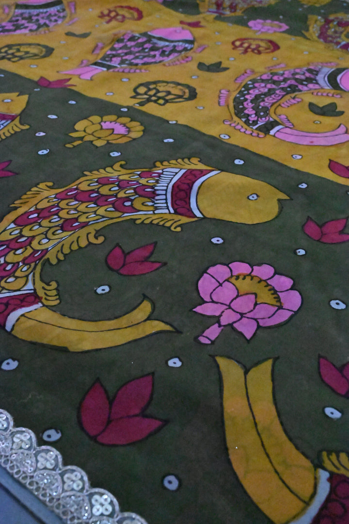 Floral Matsya theme - Ollive Green-Yellow Authentic Pen Kalamkari Handpainted on Pure Georgette Silk Saree With Lace Border | SILK MARK CERTIFIED | SHOBITAM