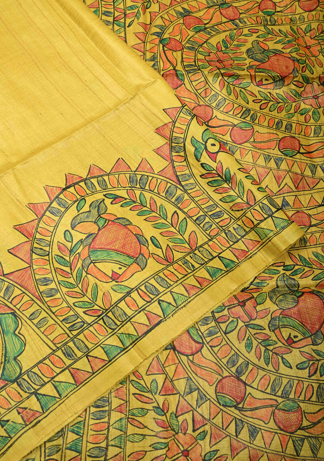 Bright Yellow Madhubani hand painting on Kanak Pushp Tussar Silk Saree | SILK MARK CERTIFIED