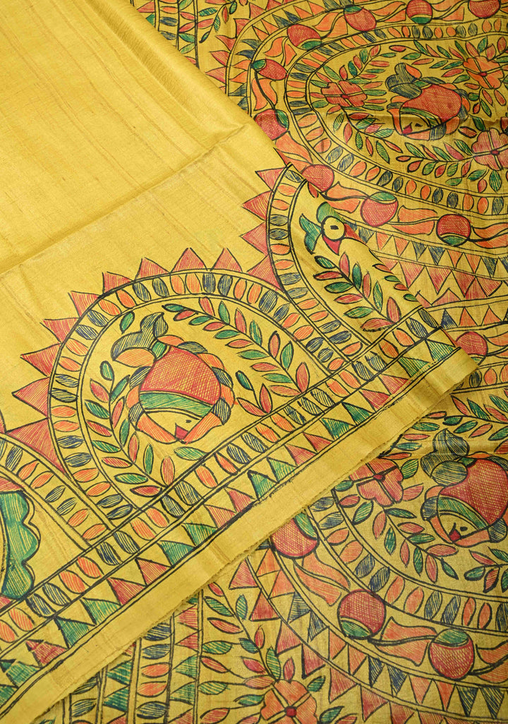 Bright Yellow Madhubani hand painting on Kanak Pushp Tussar Silk Saree | SILK MARK CERTIFIED