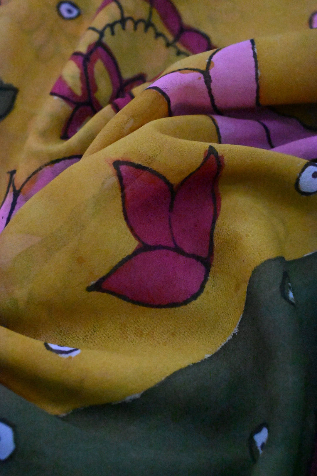 Floral Matsya theme - Ollive Green-Yellow Authentic Pen Kalamkari Handpainted on Pure Georgette Silk Saree With Lace Border | SILK MARK CERTIFIED | SHOBITAM