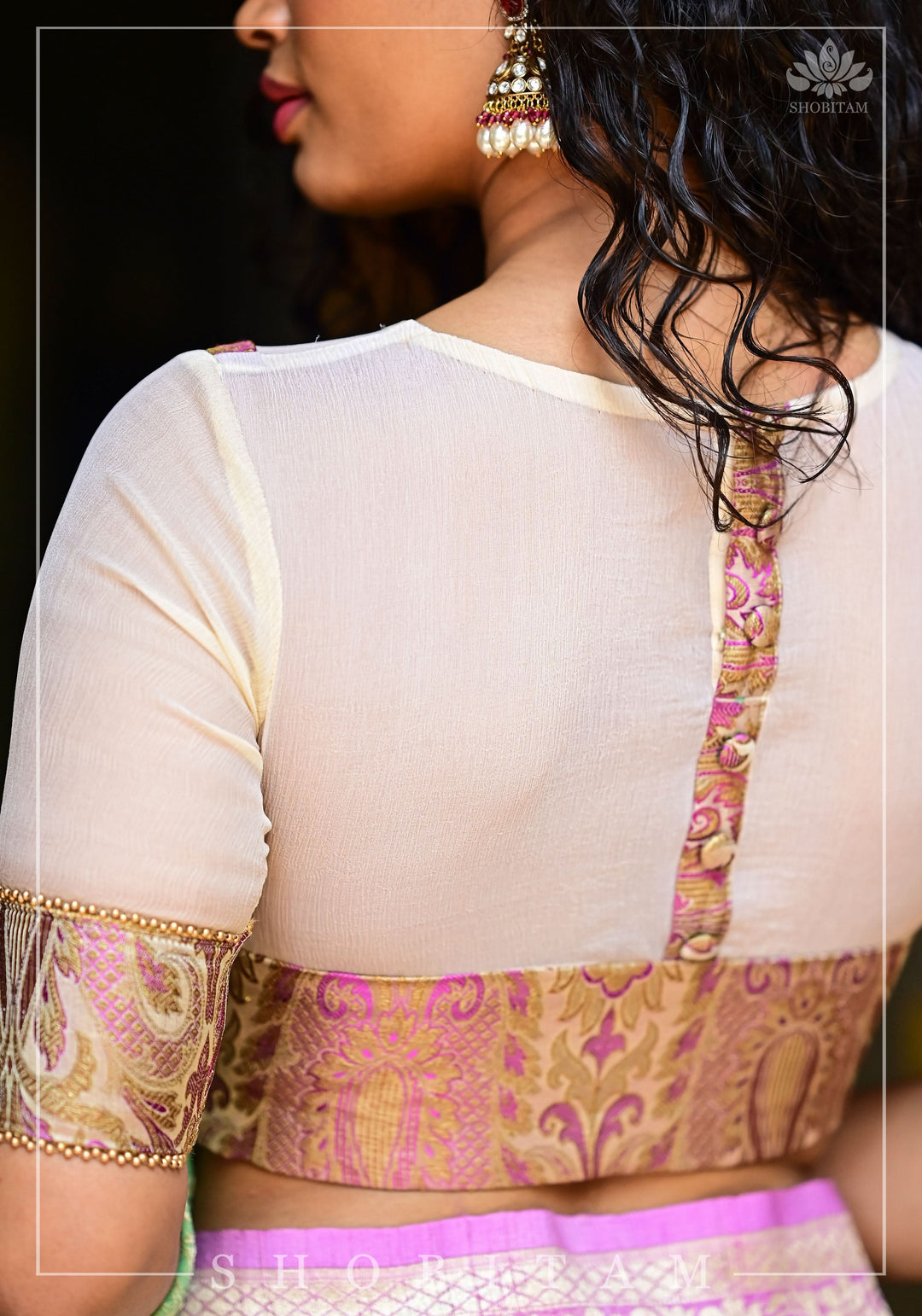 Purple Banarasi Blouse with sheer yoke, back and sleeves in beige net