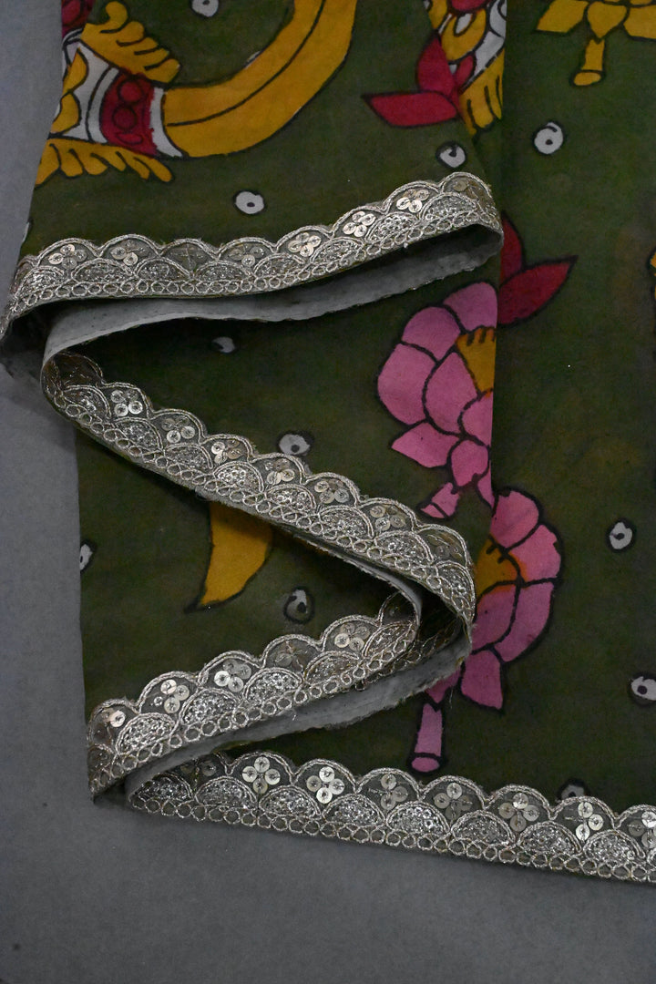 Floral Matsya theme - Ollive Green-Yellow Authentic Pen Kalamkari Handpainted on Pure Georgette Silk Saree With Lace Border | SILK MARK CERTIFIED | SHOBITAM
