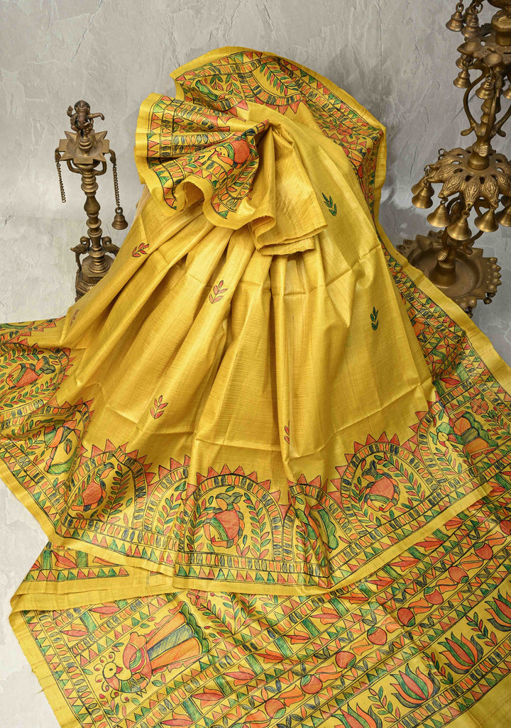 Bright Yellow Madhubani hand painting on Kanak Pushp Tussar Silk Saree | SILK MARK CERTIFIED