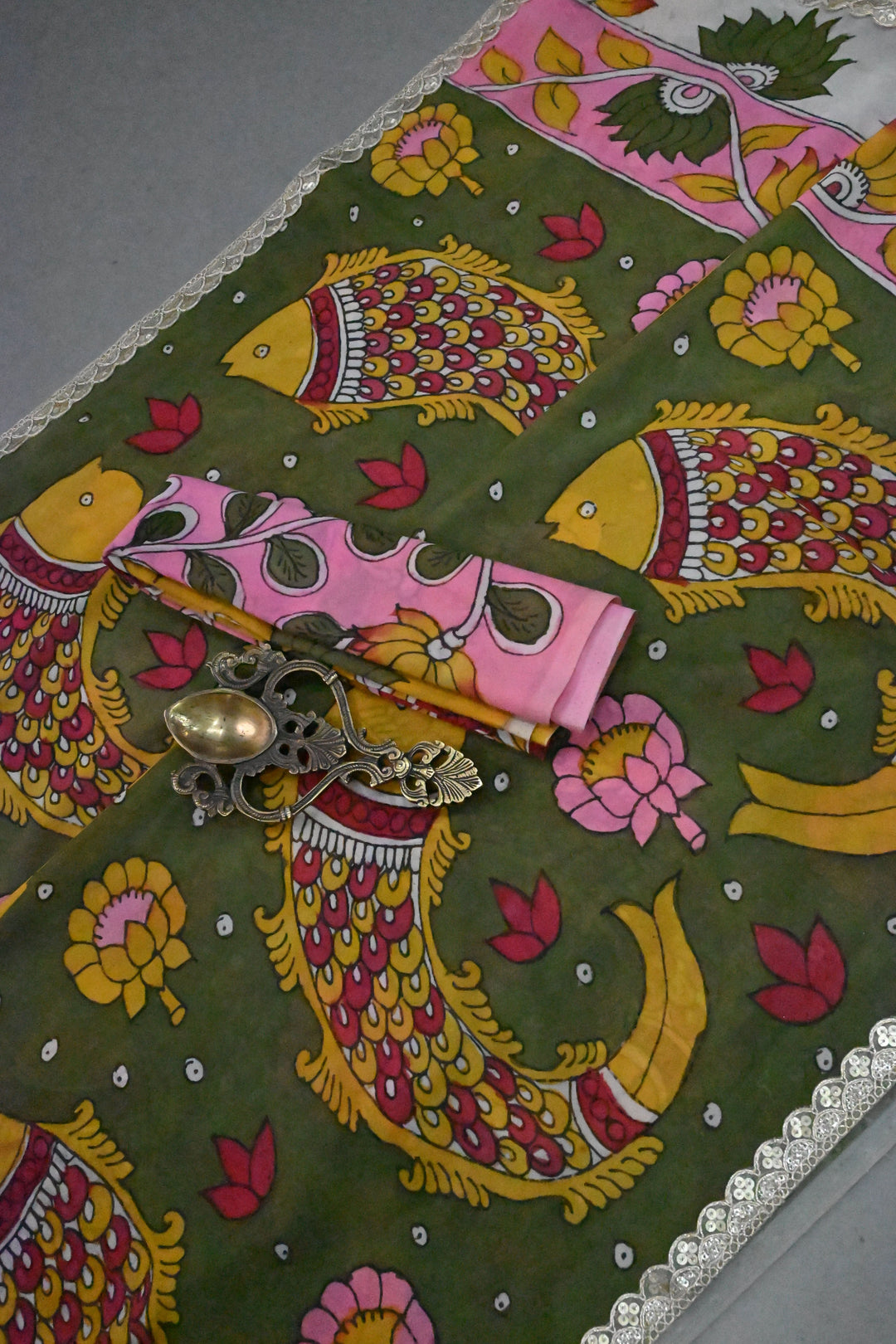 Floral Matsya theme - Ollive Green-Yellow Authentic Pen Kalamkari Handpainted on Pure Georgette Silk Saree With Lace Border | SILK MARK CERTIFIED | SHOBITAM